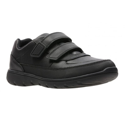 Junior Clarks Venture Walk Boys Velcro School Shoe - Black Leather - Black