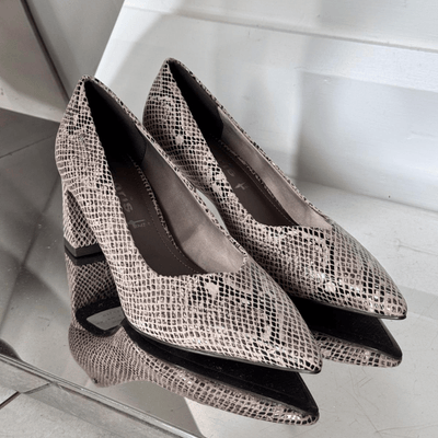Womens Tamaris 22453 Beige Snake Pointed Toe Block Heels - Beige Gold