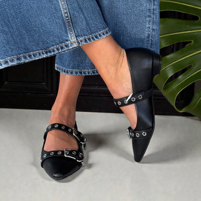 Womens Xti 144266 Buckle 2 Strap Flat Pumps - Black