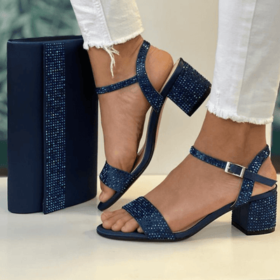 Womens Glamour Adele Diamante Low Block Heels - Navy