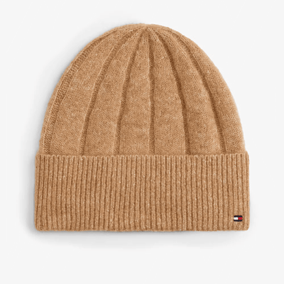 Womens Tommy Hilfiger Flag Fluffy Beanie Hat - Safari Canvas