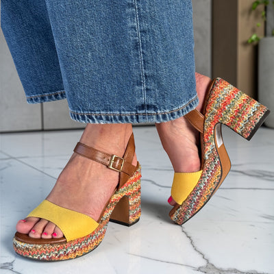 Womens Marco Tozzi 28008 Lemon Multi Raffia Platform Sandals - Lemon Comb