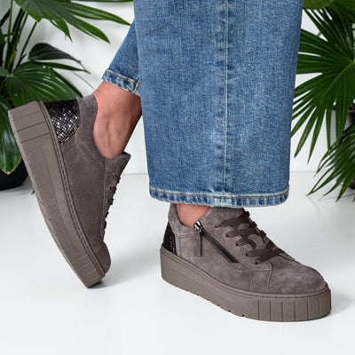 Womens Gabor 6017 Taupe Suede Platform Trainers - Taupe