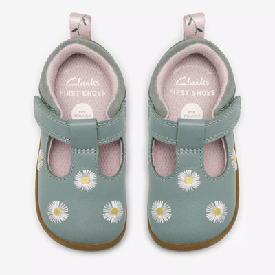 Infant Girls Clarks Roamer Flora Floral T-Bar Velcro Strap Pre Walker Shoes - Green Combi