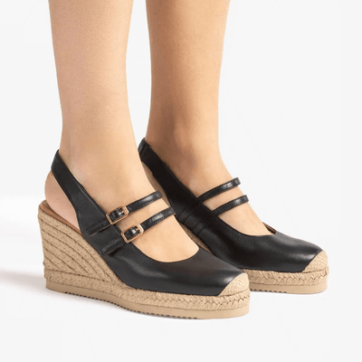 Womens Unisa Cyntia Black Double Strap Espadrille Wedge Sandals - Black