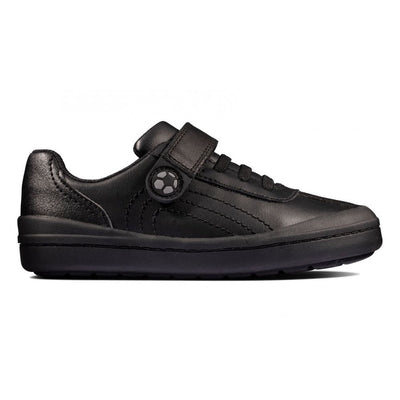 Junior Clarks Rock Pass Boys Velcro School Shoe - Black Leather - Black