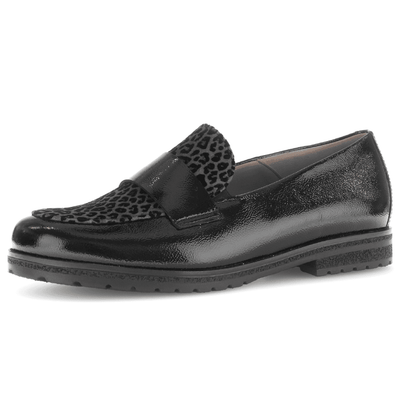 Womens Gabor 72.042 Black Patent Leopard Print Tongue Loafers - Black Patent
