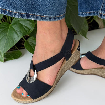 Womens Rieker 624H6 Navy Circle Brooch Wedge Sandals - Navy
