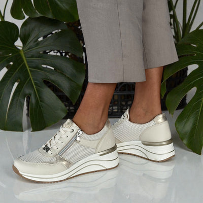 Womens Remonte D0T19 Beige Mesh Side Zip Wedge Trainers - Beige Gold