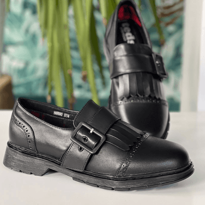 Girls Teds Harvard Black Fringe Buckle Loafers - Black Leather