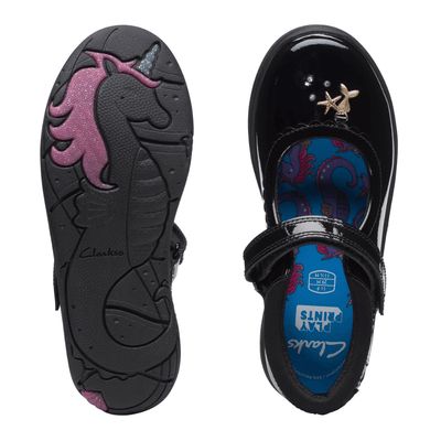 Junior Clarks Girls Relda Sea Black Patent School Shoes - Black Patent