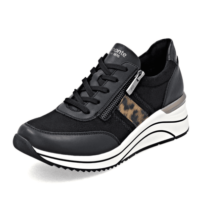 Womens Remonte D0T09 Black with Leopard Wedge Side Zip Trainers - Black Combi