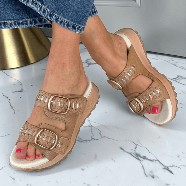 Womens Hispanitas 264783 Tan Woven Double Strap Sliders - Almond