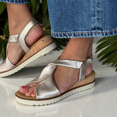 Womens Gabor Rich Twist Front Slingback Sandals - Pewter Gold