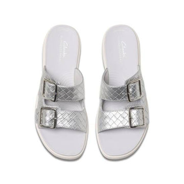 Womens Clarks Drift Buckle Silver Metallic Wedge Sandals - Silver Metallic