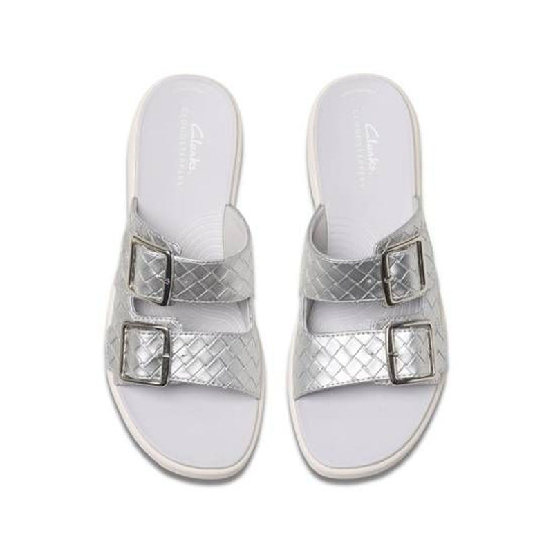Womens Clarks Drift Buckle Silver Metallic Wedge Sandals - Silver Metallic