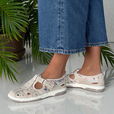 Womens Jana 23669 Beige Floral Multi Velcro Strap Shoes - Beige Multi