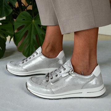 Womens Ara Osaka Silver and White Metallic Lace and Side Zip Trainers - Dusty White