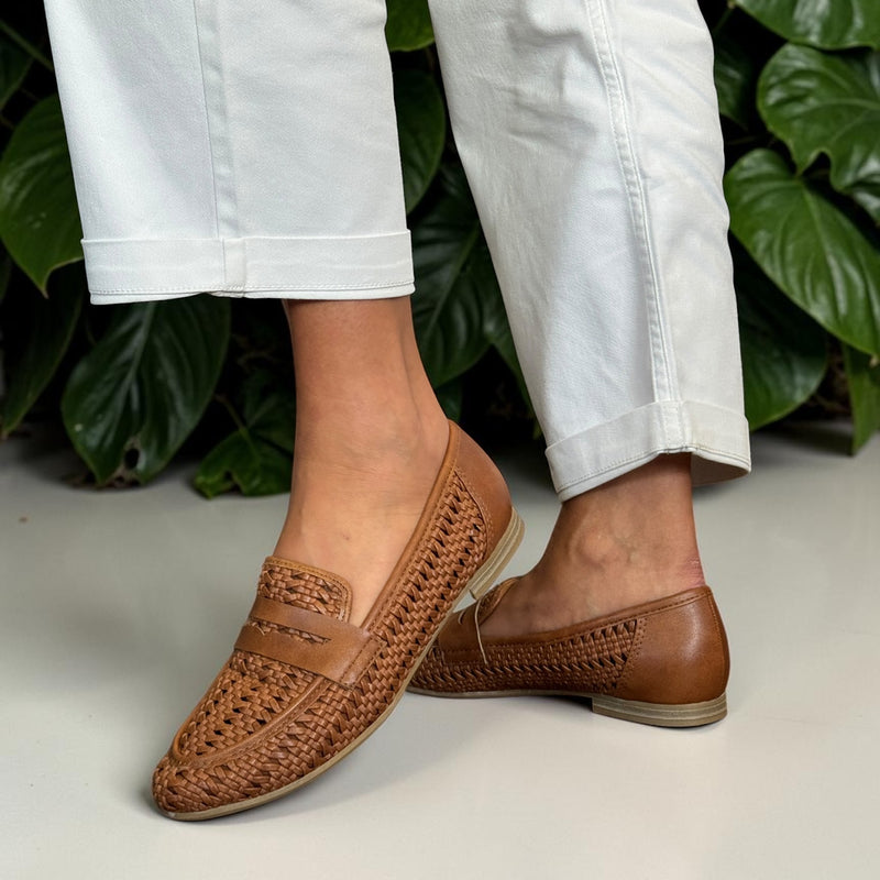 Womens Marco Tozzi 24232 Woven Flat Loafers - Tan