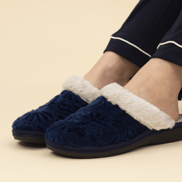 Womens Lunar Wilder Floral Faux Fur Trim Mule Slippers - Navy