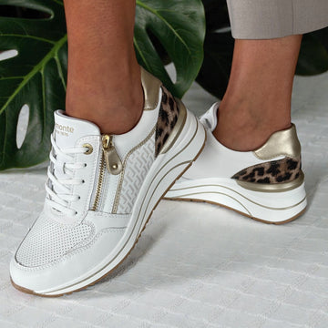 Womens Remonte D0T10 White Multi Side Zip Wedge Trainers - White Gold Leopard