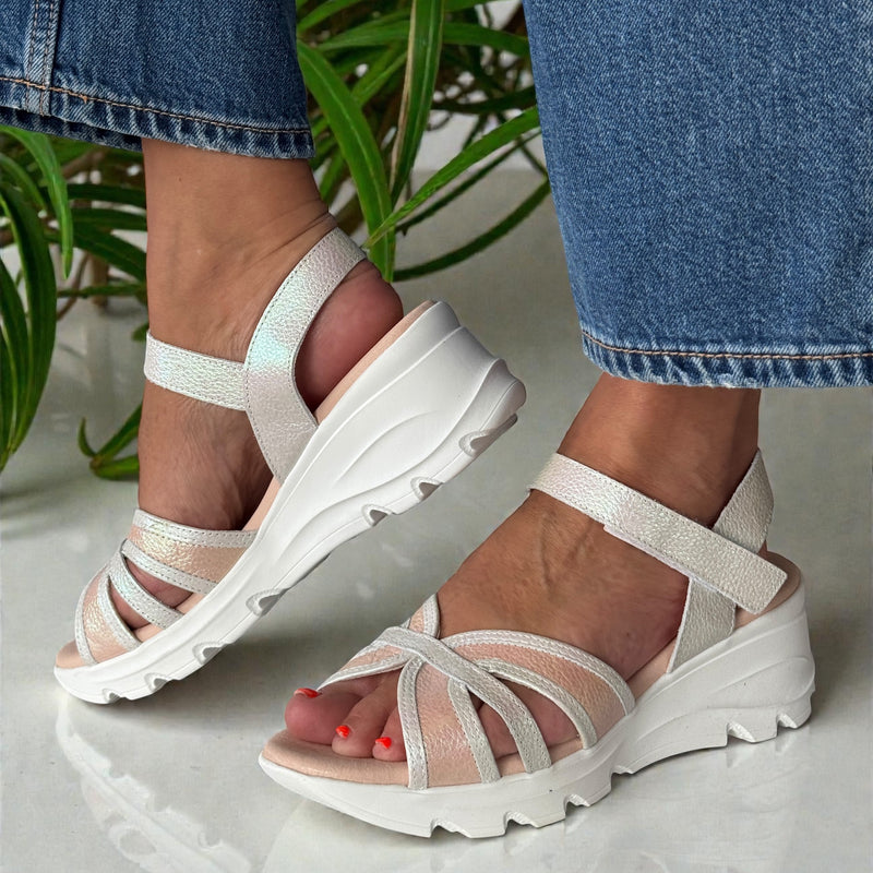Womens Jose Saenz 5330 Wedge Sandal - White & Pink Iridescent