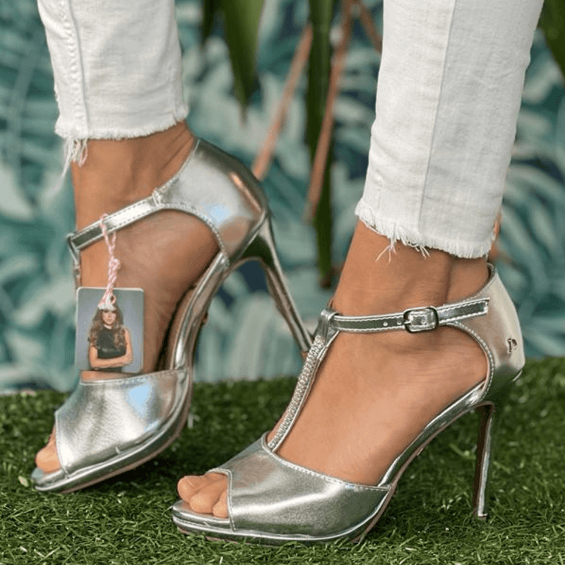 Womens Una Healy Open Arms T-Bar Heels - Chrome Shimmer
