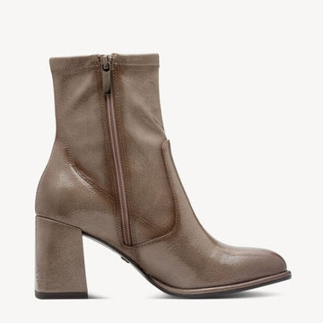 Womens Tamaris 25357 Taupe Stretch Patent Block Heel Ankle Boots - Taupe