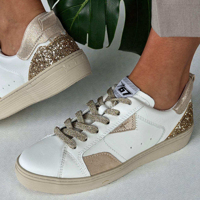 Womens Tamaris 23706 White with Gold Glitter Heel Trainers - White