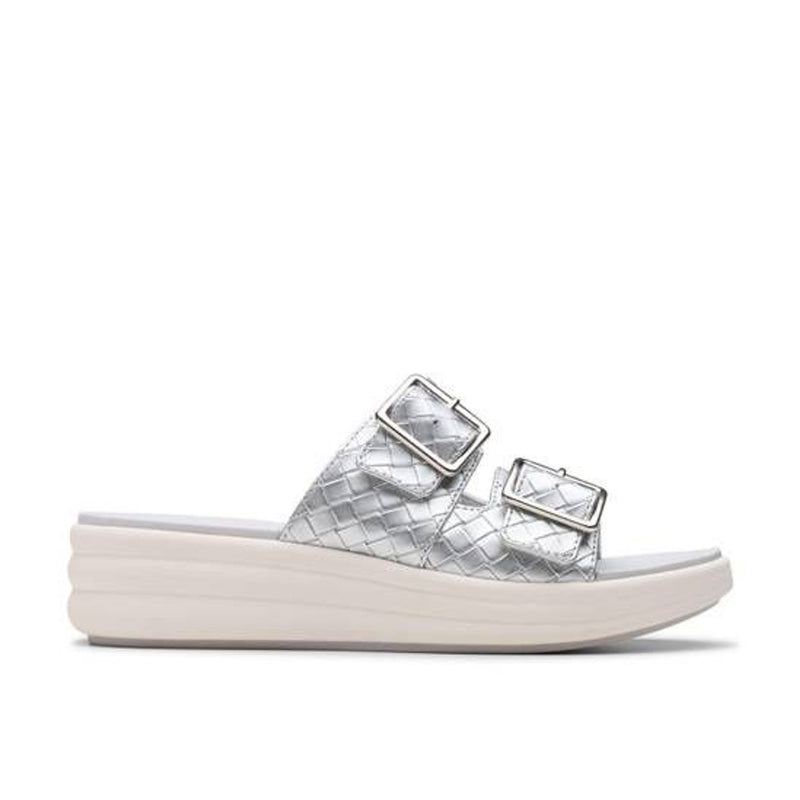 Womens Clarks Drift Buckle Silver Metallic Wedge Sandals - Silver Metallic