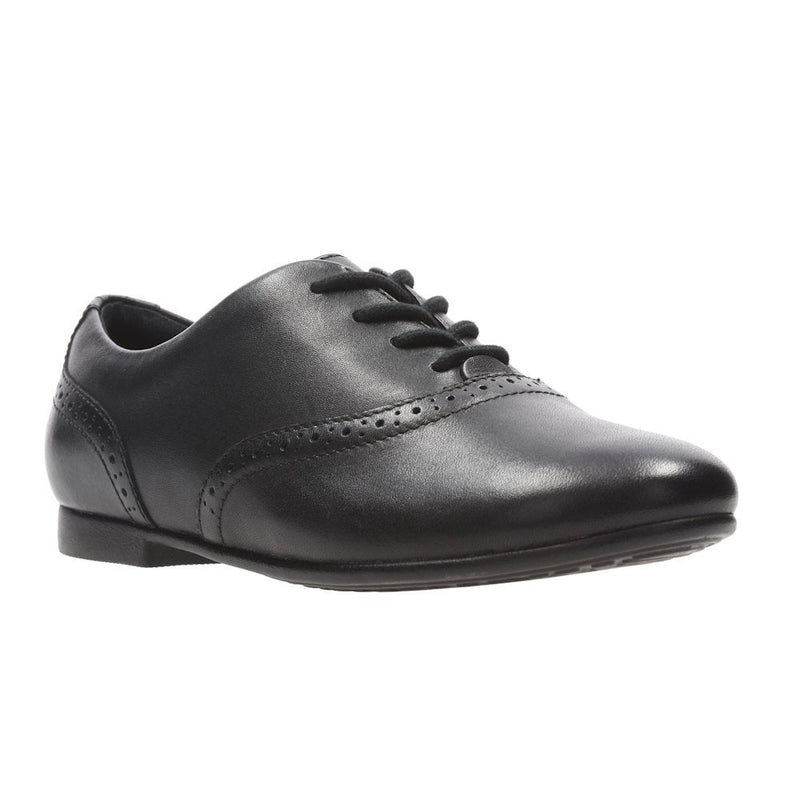Junior Clarks Jules Walk Black Leather Girls Lace Up School Shoes - Black