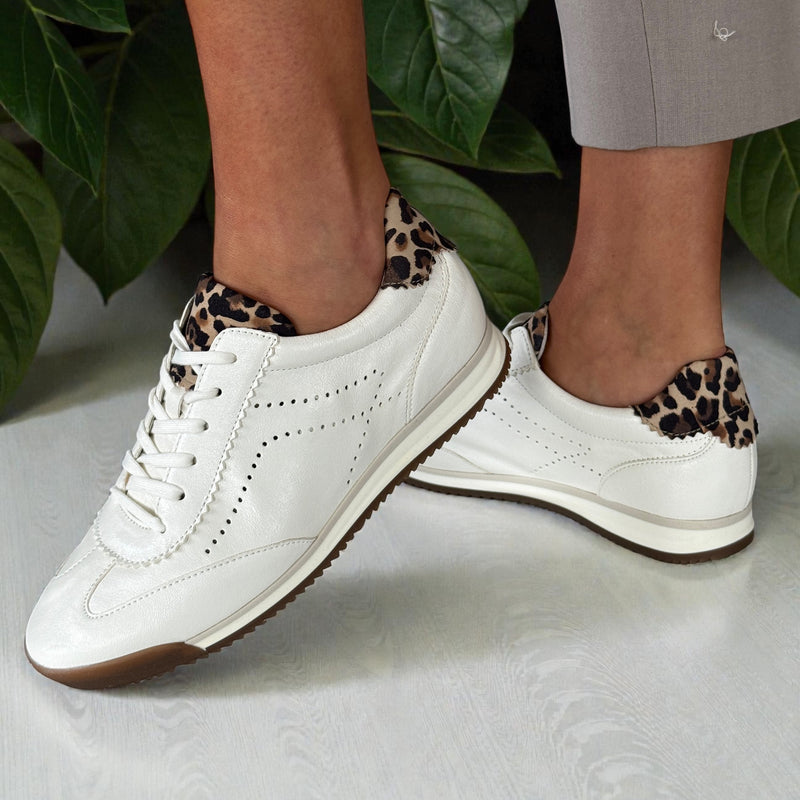 Womens Gabor 83.432 White with Leopard Heel Tennis Trainers - White