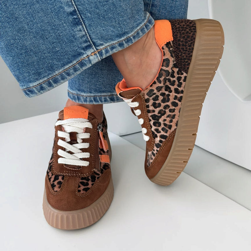 Womens Tamaris 83739 Side Zip Trainers - Cognac Leopard
