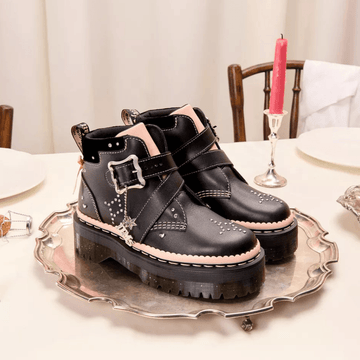 Womens Dr Martens Caitie Leather Buckle Platform Boots- Black and Pink - Black