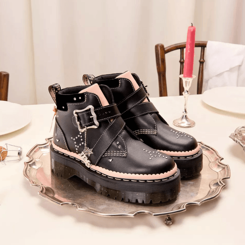 Womens Dr Martens Caitie Leather Buckle Platform Boots- Black and Pink - Black