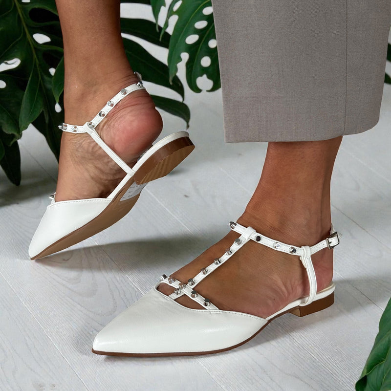 Womens Refresh 175070 T-Bar Rock Stud Ballerina Pumps - White