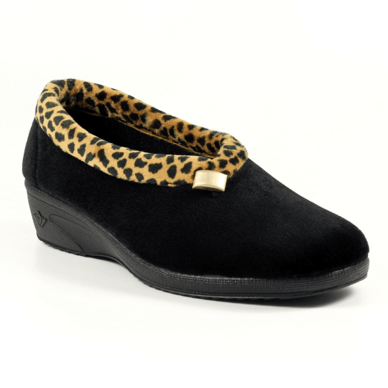 Womens Lunar Machine Washable Paloma Black Leopard Trim Slippers - Black