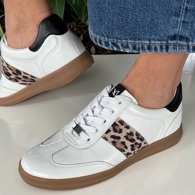 Womens Caprice 23705 White Black and Leopard Gumsole Trainers - White