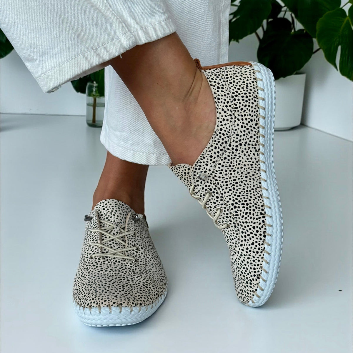 Womens Lunar St Ives Animal Print Leather Elastic Lace Plimsoles