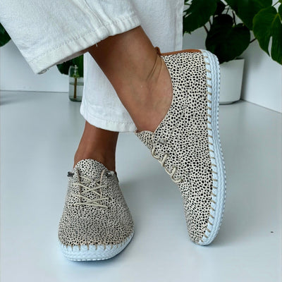 Womens Lunar St Ives Animal Print Leather Elastic Lace Plimsoles - Animal