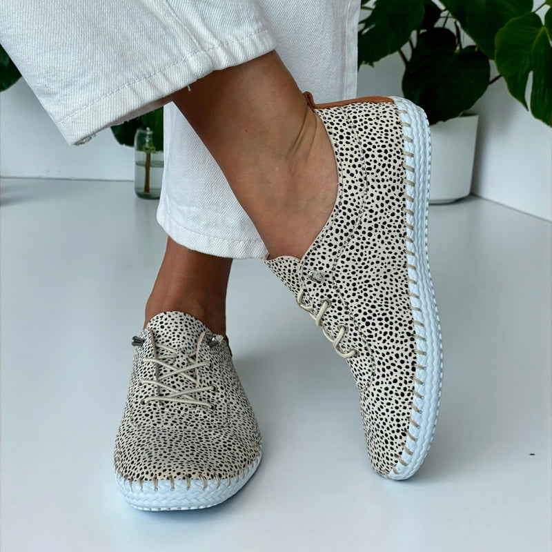 Womens Lunar St Ives Animal Print Leather Elastic Lace Plimsoles - Animal