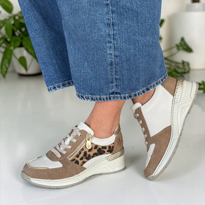 Womens Rieker N4308 Tan White and Leopard Side Zip Wedge Trainers - Tan White and Leopard