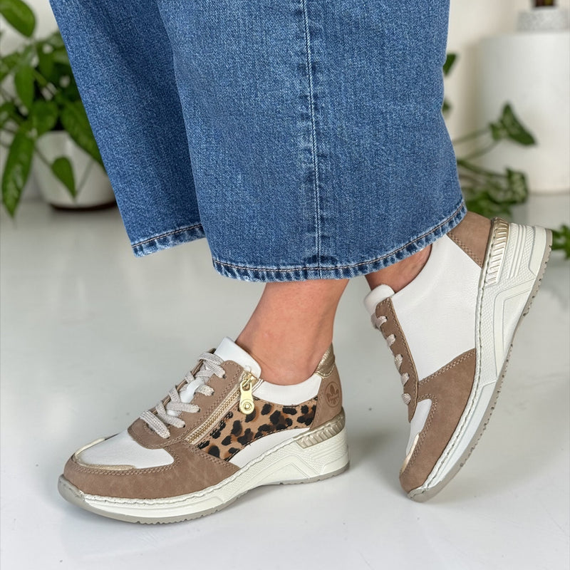 Womens Rieker N4308 Tan White and Leopard Side Zip Wedge Trainers - Tan White and Leopard