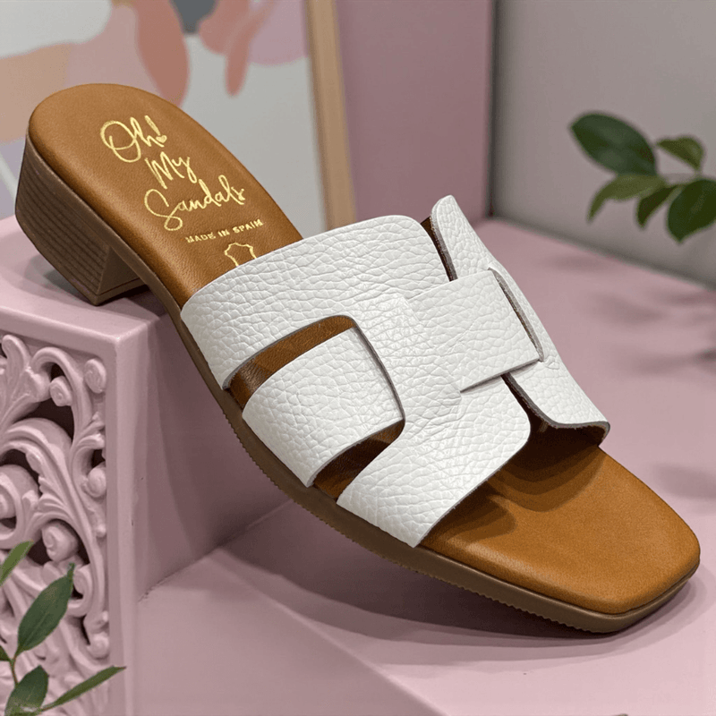 Womens Oh My Sandals 5880 Low Block Heel Sliders - White
