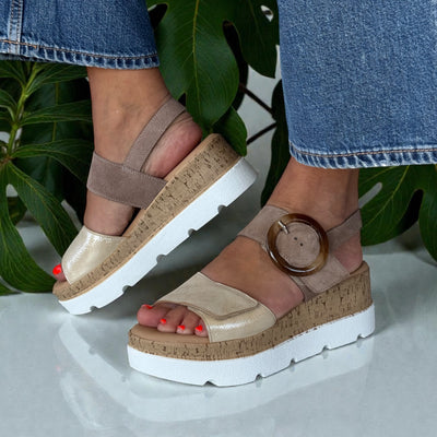 Womens Lotus ULP268 Natural & Gold Leather Cammie Flatform Sandals - Taupe and Gold