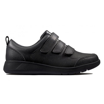Junior Clarks Scape Sky Boys Velcro School Shoe - Black Leather - Black