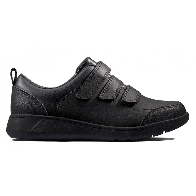Junior Clarks Scape Sky Boys Velcro School Shoe - Black Leather - Black