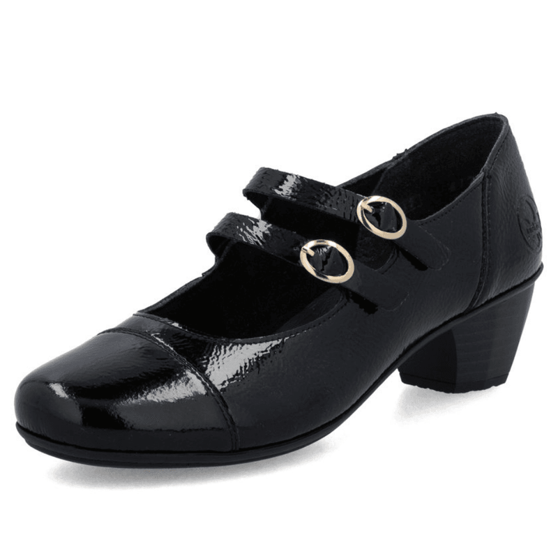 Womens Rieker 41758 Black Patent Heeled 2 Strap Shoes - Black Patent