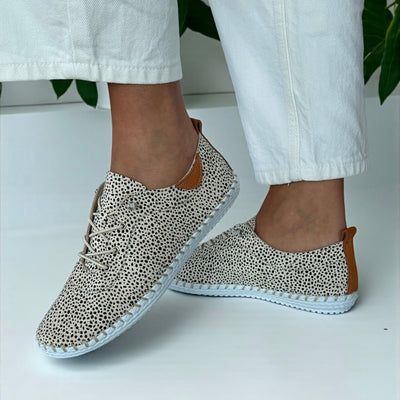 Womens Lunar St Ives Animal Print Leather Elastic Lace Plimsoles - Animal