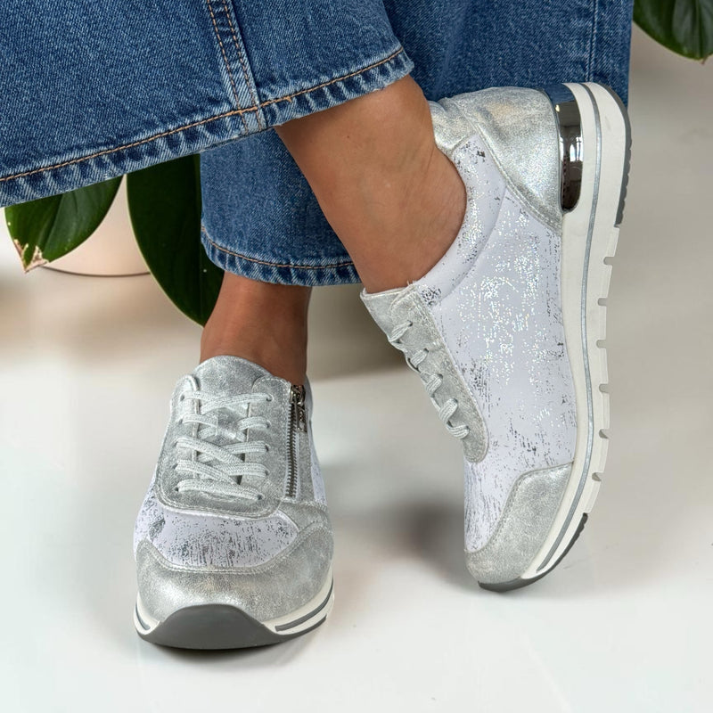 Womens Remonte R6700 Silver Print Wedge Trainers - White